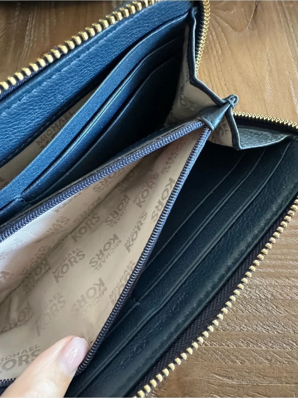 Michael Kors Deep Blue Pebbled Leather Zip Around Wallet with Gold Plate